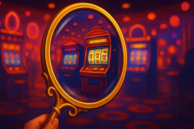 Человек держит в руках зеркало с золотой оправой, внутри зеркала изображены игровые автоматы.