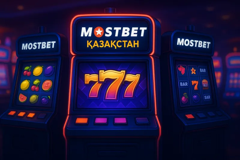 Игровые автоматы, украшенные логотипом Mostbet Казахстан, сияющие в неоновом свете внутри казино.