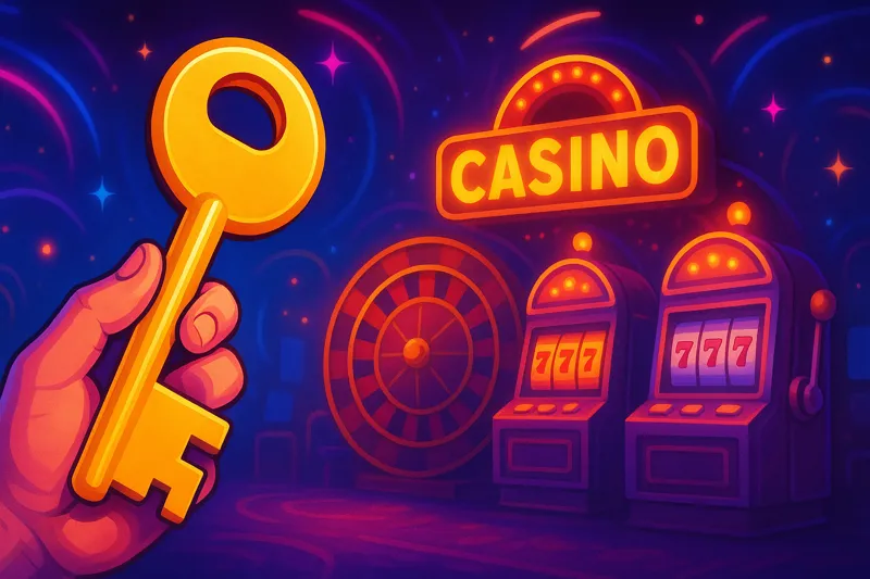 Золотой ключ в руке перед казино с игровыми автоматами и рулеткой, символизирующий начало игры в Mostbet Казахстан.
