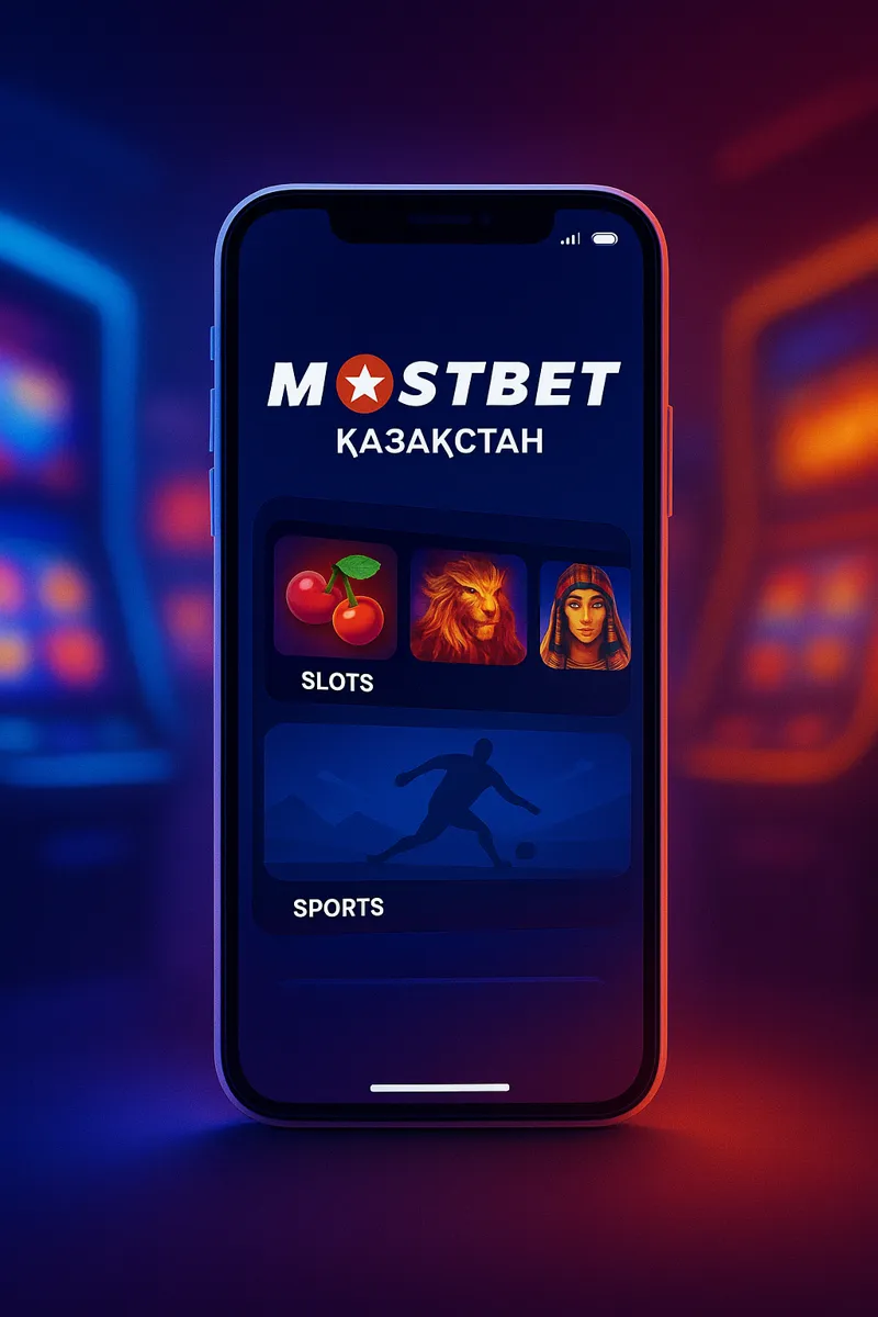 На экране смартфона открыта мобильная версия Mostbet Казахстан, где показаны слоты и спортивные ставки.