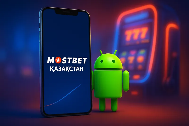 Смартфон экранында Mostbet Қазақстан логотипі көрсетілген, жанында жасыл Android роботы тұр, фондағы казино жарықтары.