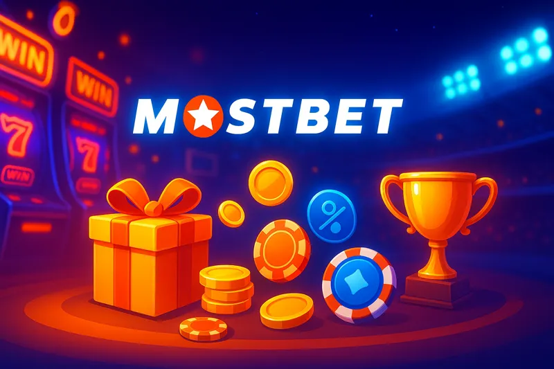 Казино фонында жарқыраған сыйлық қораптары мен фишкалар, жанында Mostbet логотипі бейнеленген.