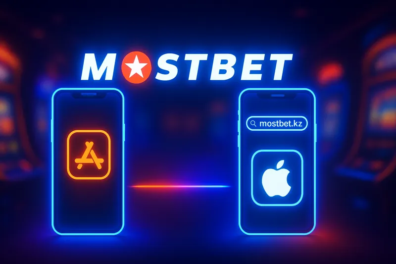 Неонды фондағы иллюстрация: ортасында Mostbet логотипі, сол жақта қосымшаны бейнелейтін смартфон, оң жақта браузерде mostbet.kz ашылған смартфон.